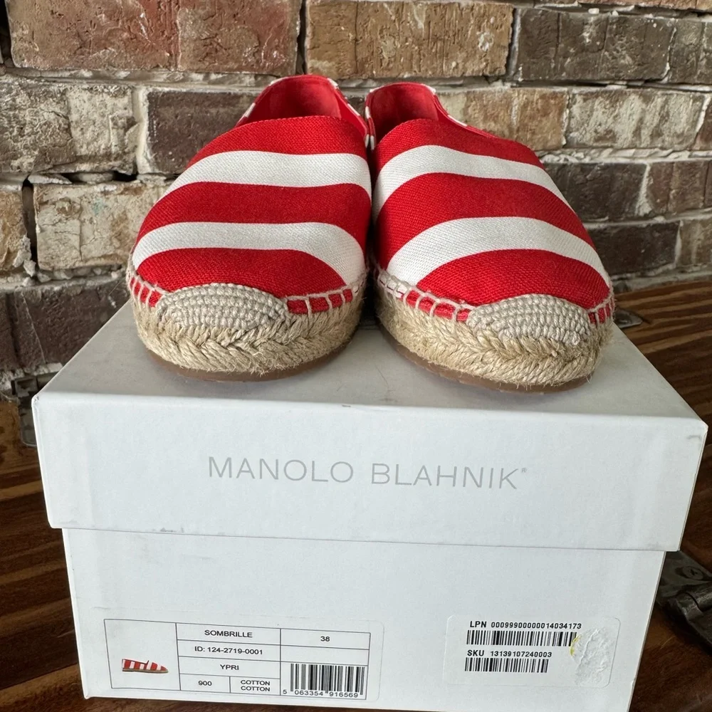 Manolo Blahnik Red and White Striped Espadrilles 38 (US 8)
